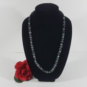 Marbled Bead Long Beaded Necklace Black Gray Green